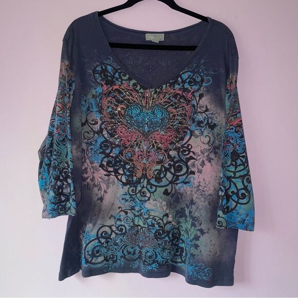 Vintage Essentials Size 1X Graphic V Neck Top Pastel Y2K Fairy Whimsical - Picture 1 of 8